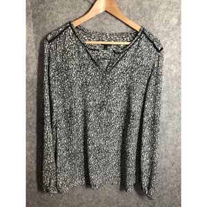 Talbots Blouse Womens L Black Animal Print V-Neck Pullover Lightweight Jersey